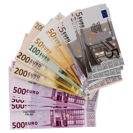 Clever Kidz Euro Paper Money Set Pack of 70 showing stacked paper euro notes in assorted denominations