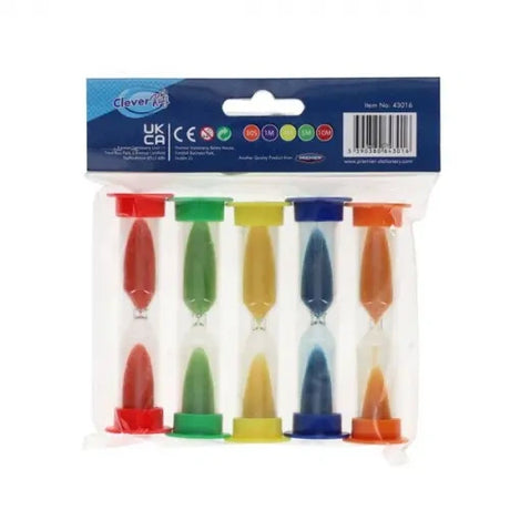Clever Kidz Pack of 5 Sand Timers back packaging showing five coloured sand timers and barcode panel