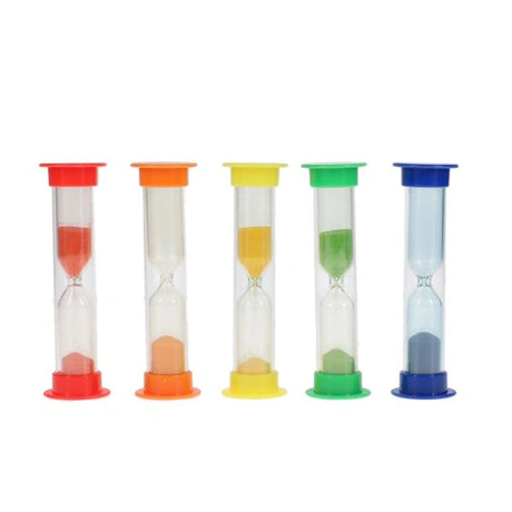 Clever Kidz Pack of 5 Sand Timers showing five loose timers in red, orange, yellow, green and blue