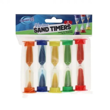 Clever Kidz Pack of 5 Sand Timers front packaging with five coloured timers visible