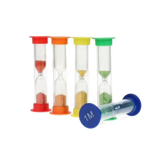 Clever Kidz Pack of 5 Sand Timers showing four upright timers and one blue timer lying sideways