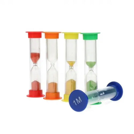 Clever Kidz Pack of 5 Sand Timers showing four upright timers and one blue timer lying sideways