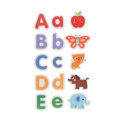 Clever Kidz Play and Learn Magnetic Match Up showing A to E letters matched with apple, butterfly, cat, dog and elephant pieces