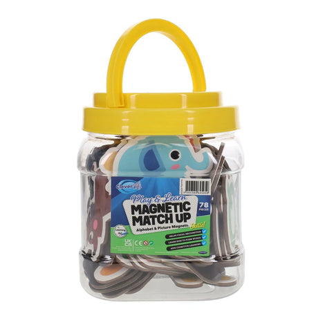 Clever Kidz Play and Learn Magnetic Match Up pieces shown inside clear carry tub with yellow lid
