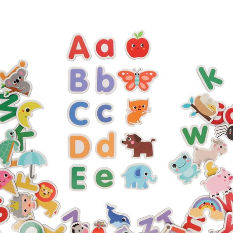 Clever Kidz Play and Learn Magnetic Match Up showing A to E matches with loose letter and animal pieces around the edge