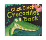 Front cover of the children’s picture book Click, Clack, Crocodile’s Back showing a crocodile disguised as a tree trunk in a jungle setting
