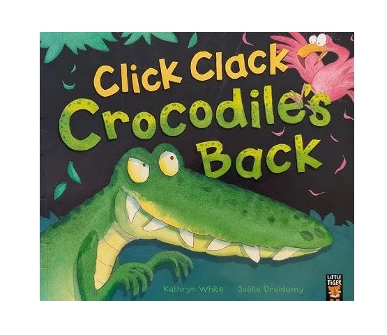 Book cover artwork for Click, Clack, Crocodile’s Back featuring a crocodile hiding in mud among jungle animals