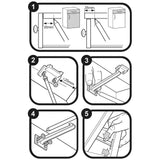 Instruction illustration showing separate latch and catch parts, screw locations, and example fitting positions for cupboards and drawers.