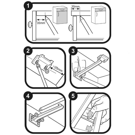 Instruction illustration showing separate latch and catch parts, screw locations, and example fitting positions for cupboards and drawers.