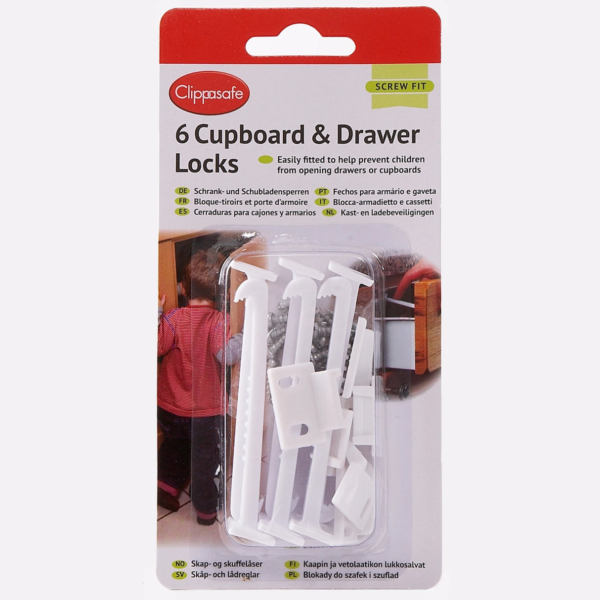 Clippasafe 6 cupboard and drawer latches shown in sealed retail packaging, with multiple identical latch units and a small bag of fixing screws visible.