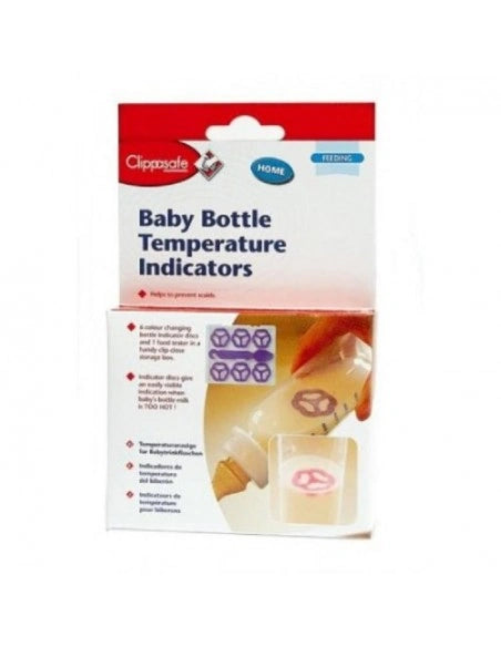 Clippasafe Baby Bottle Temperature Indicator retail pack showing floating temperature discs and colour change guide on the front packaging