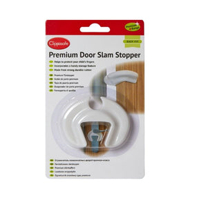 Clippasafe premium door slam stopper retail packaging shown front facing with product name, feature icons and white rubber door stopper visible through the clear blister