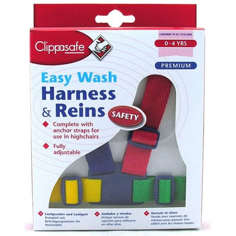 Clippasafe Easy Wash Harness packaging displaying red, blue, yellow and green straps with Easy Wash Harness and Reins branding and safety labels