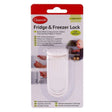Clippasafe Fridge & Freezer Lock retail packaging showing white lock, product name, self adhesive label, and photos of lock fitted to a fridge door