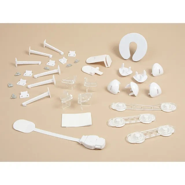 Clippasafe Home Safety Starter Pack contents displayed outside packaging showing socket covers, cabinet and drawer locks, multi purpose lock, slide lock, corner guards and door stoppers