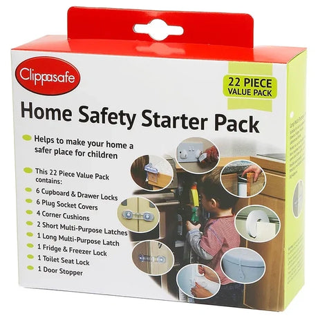 Clippasafe Home Safety Starter Pack retail box front showing 22 piece home safety kit with images of cabinet locks, socket covers, corner guards, door stoppers and multi purpose locks
