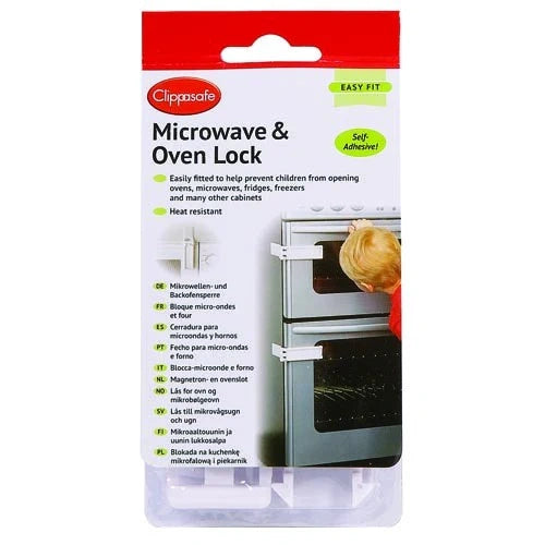 Clippasafe Microwave & Oven Lock retail packaging showing white lock set, product name, heat resistant label, and photo of lock fitted to an oven door