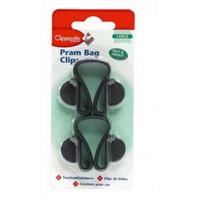 Clippasafe Pram Bag Clips retail packaging showing two black pram bag clips mounted on a card backing with Clippasafe branding