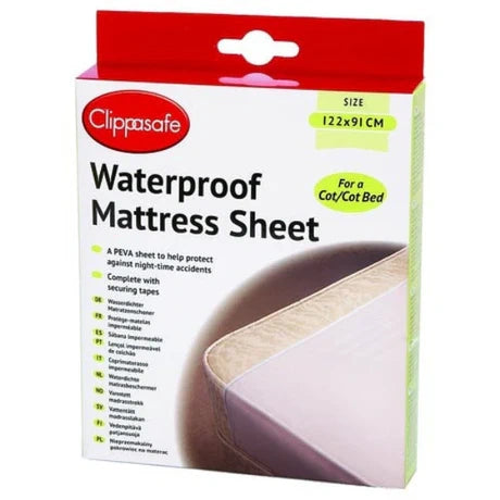 Clippasafe Waterproof Mattress Sheet packaging showing full front panel with Clippasafe branding and mattress protector graphic
