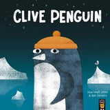 Cover of Clive Penguin by Huw Lewis Jones and Ben Sanders showing a penguin in an orange hat standing among icy blue icebergs