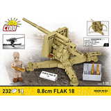 COBI 8.8 cm Flak 18 232 piece building set back panel showing the artillery model, figure, shells, ammunition crate and dimensions