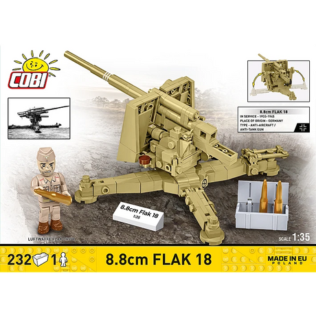 COBI 8.8 cm Flak 18 232 piece building set back panel showing the artillery model, figure, shells, ammunition crate and dimensions