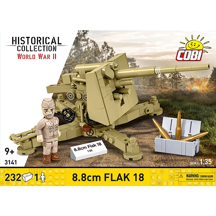 COBI 8.8 cm Flak 18 232 piece building set front panel showing the artillery model, figure and ammunition crate