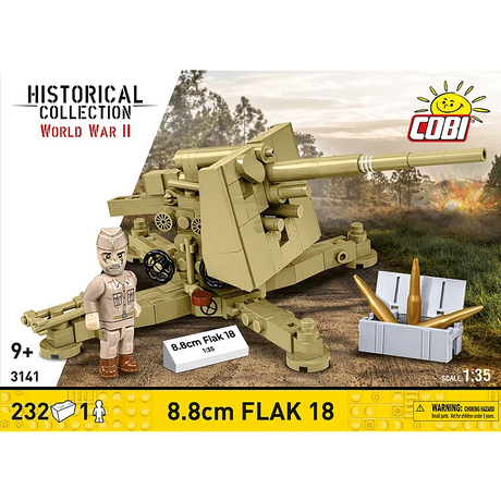 COBI 8.8 cm Flak 18 232 piece building set front panel showing the artillery model, figure and ammunition crate