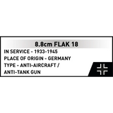 8.8 cm Flak 18 historical specification panel showing service from 1933 to 1945, Germany and anti aircraft or anti tank gun