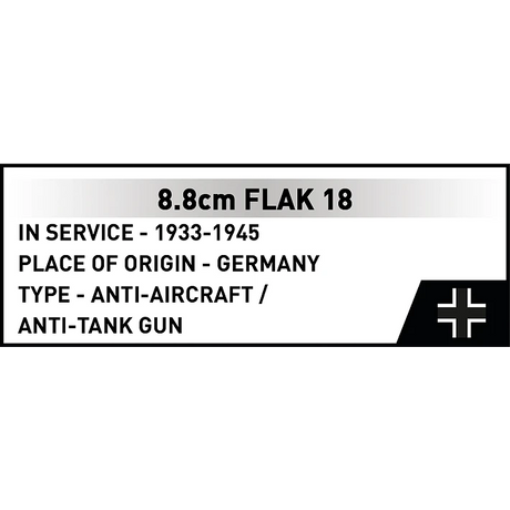 8.8 cm Flak 18 historical specification panel showing service from 1933 to 1945, Germany and anti aircraft or anti tank gun