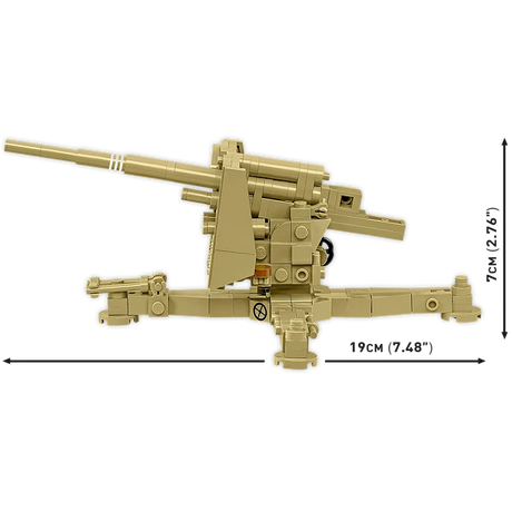 Side view of the tan COBI 8.8 cm Flak 18 model showing 19 cm length and 7 cm height
