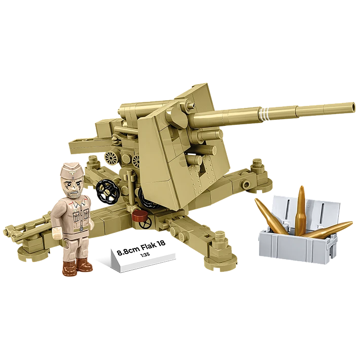 Tan COBI 8.8 cm Flak 18 model shown from the front and side with artilleryman figure, shells, ammunition crate and nameplate