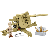 Tan COBI 8.8 cm Flak 18 model shown from the front and side with artilleryman figure, shells, ammunition crate and nameplate