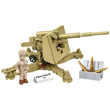 Tan COBI 8.8 cm Flak 18 model shown from the front and side with artilleryman figure, shells, ammunition crate and nameplate