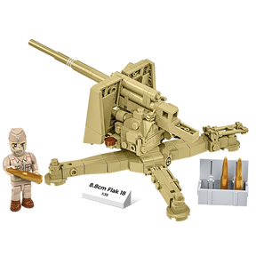 Tan COBI 8.8 cm Flak 18 model shown from the rear and side with artilleryman figure, shells, ammunition crate and nameplate