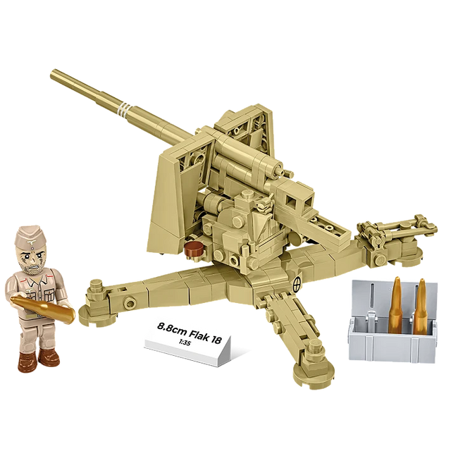 Tan COBI 8.8 cm Flak 18 model shown from the rear and side with artilleryman figure, shells, ammunition crate and nameplate