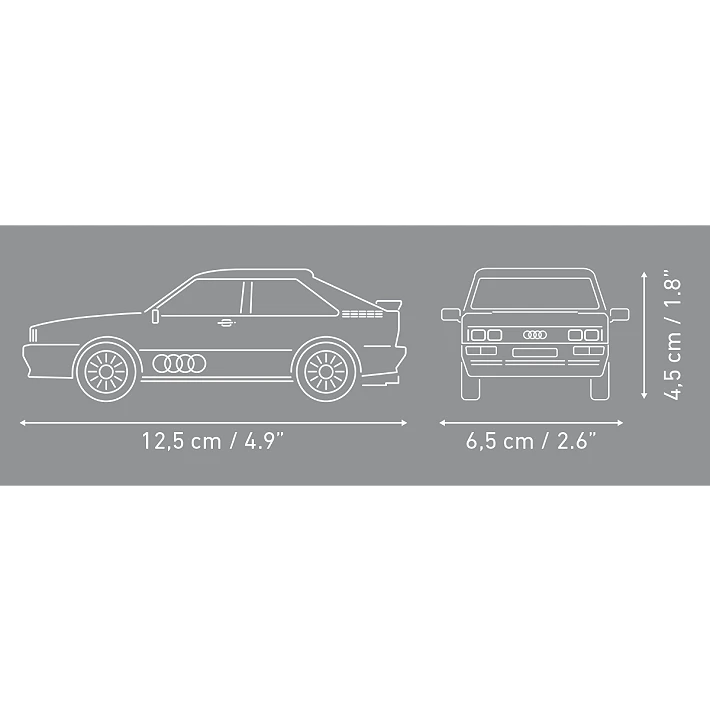 COBI Audi quattro 1980 model dimensions showing 12.5 cm length, 6.5 cm width and 4.5 cm height