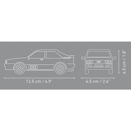 COBI Audi quattro 1980 model dimensions showing 12.5 cm length, 6.5 cm width and 4.5 cm height