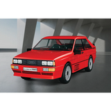 Red COBI Audi quattro 1980 building block model displayed in a modern indoor setting