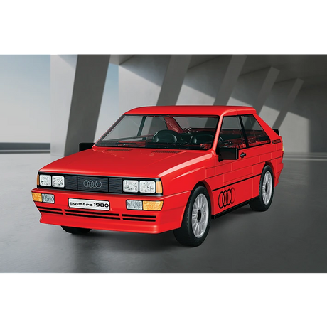 Red COBI Audi quattro 1980 building block model displayed in a modern indoor setting