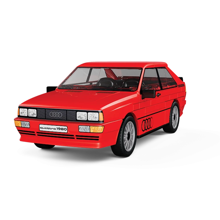 Red COBI Audi quattro 1980 building block model shown from the front and side