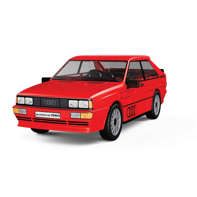 Red COBI Audi quattro 1980 building block model shown from the front and side