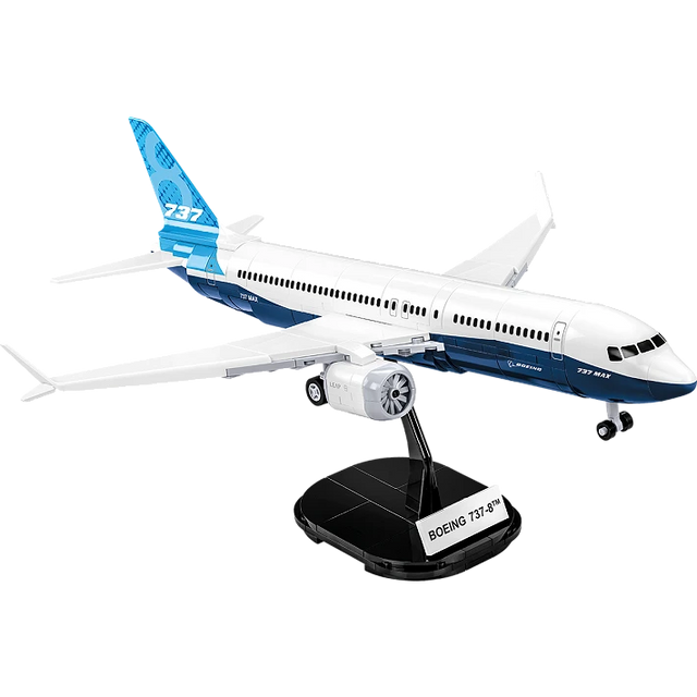 COBI Boeing 737-8 aircraft model shown on the black display stand