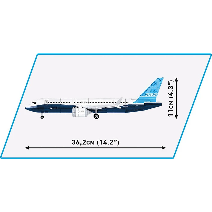 COBI Boeing 737-8 aircraft model dimensions showing 36.2 cm length and 11 cm height