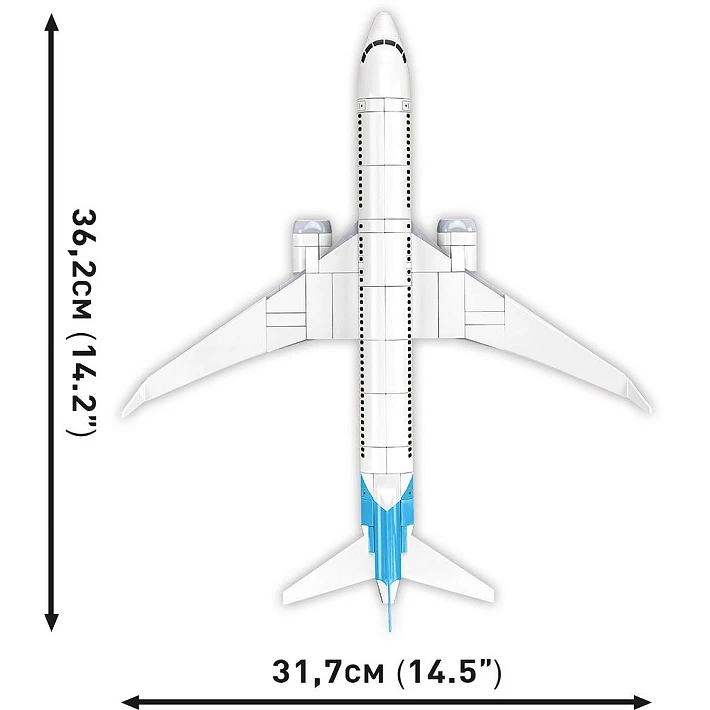 Top view of the COBI Boeing 737-8 aircraft model showing 36.2 cm length and 31.7 cm wingspan