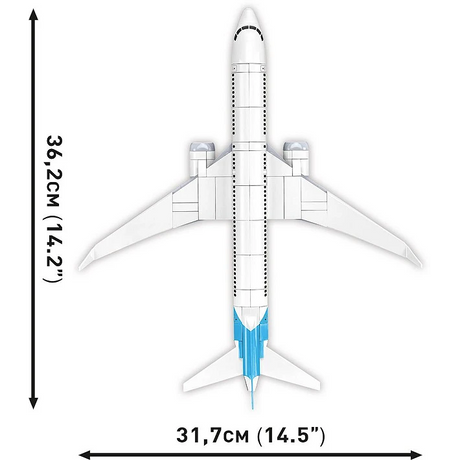 Top view of the COBI Boeing 737-8 aircraft model showing 36.2 cm length and 31.7 cm wingspan