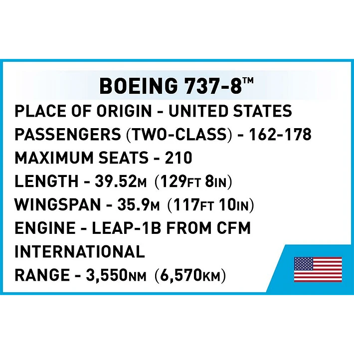 Boeing 737-8 technical specification panel with passenger capacity, dimensions, engine and range