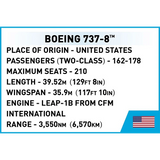 Boeing 737-8 technical specification panel with passenger capacity, dimensions, engine and range
