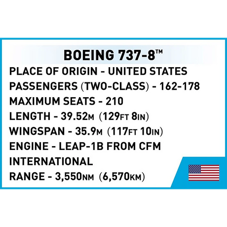 Boeing 737-8 technical specification panel with passenger capacity, dimensions, engine and range