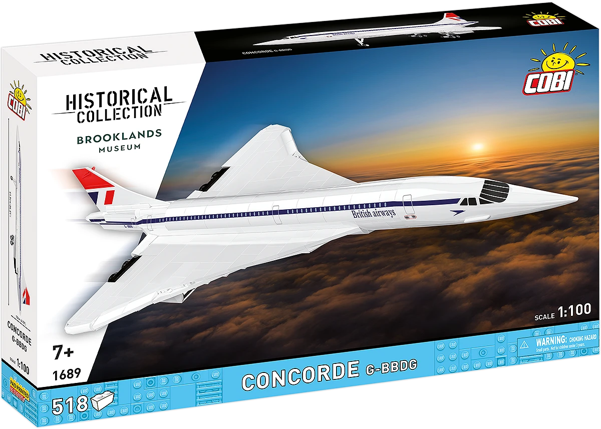 Front of the COBI Concorde G-BBDG box showing the aircraft flying above clouds
